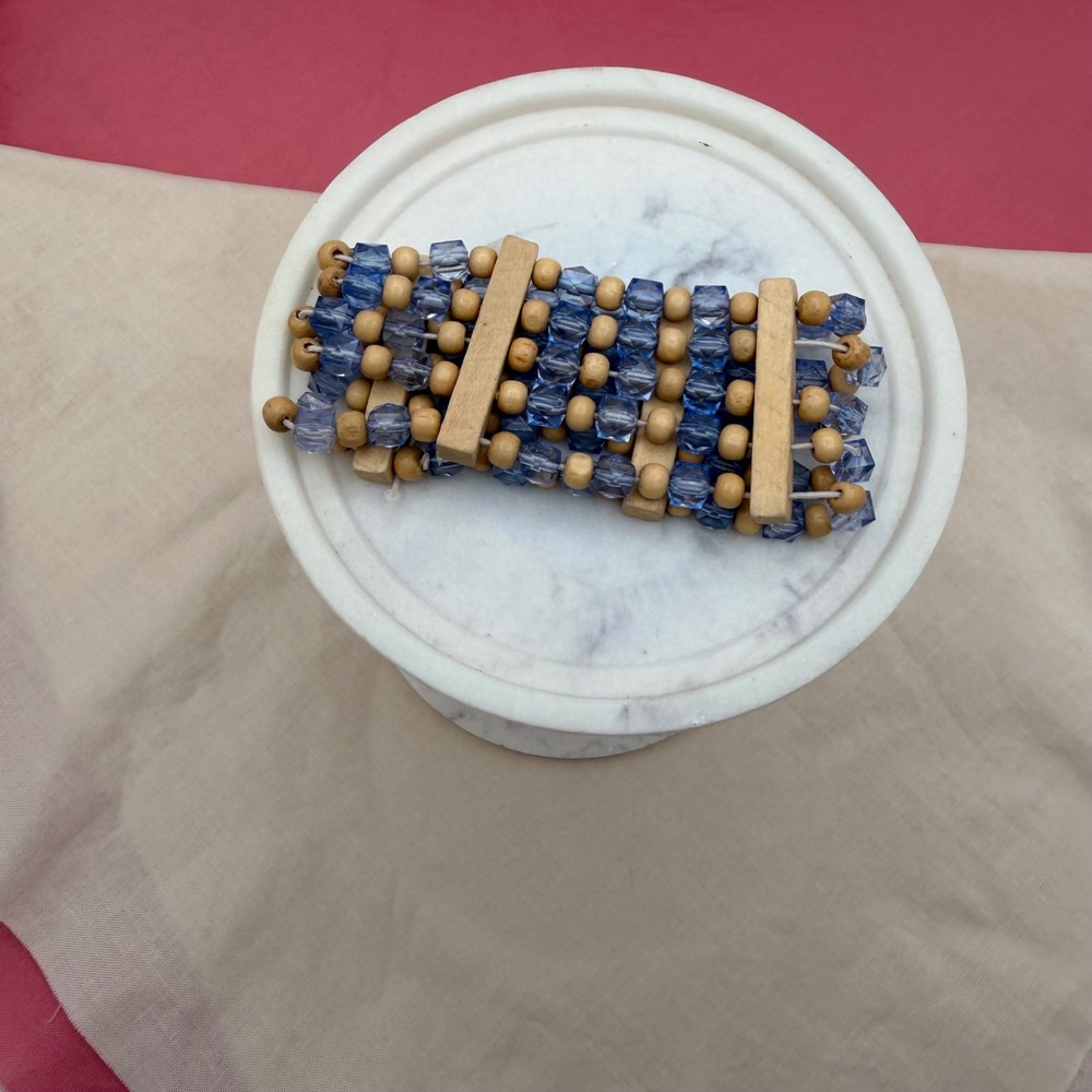 Blue and Natural Wood Bead Stretch Bracelet